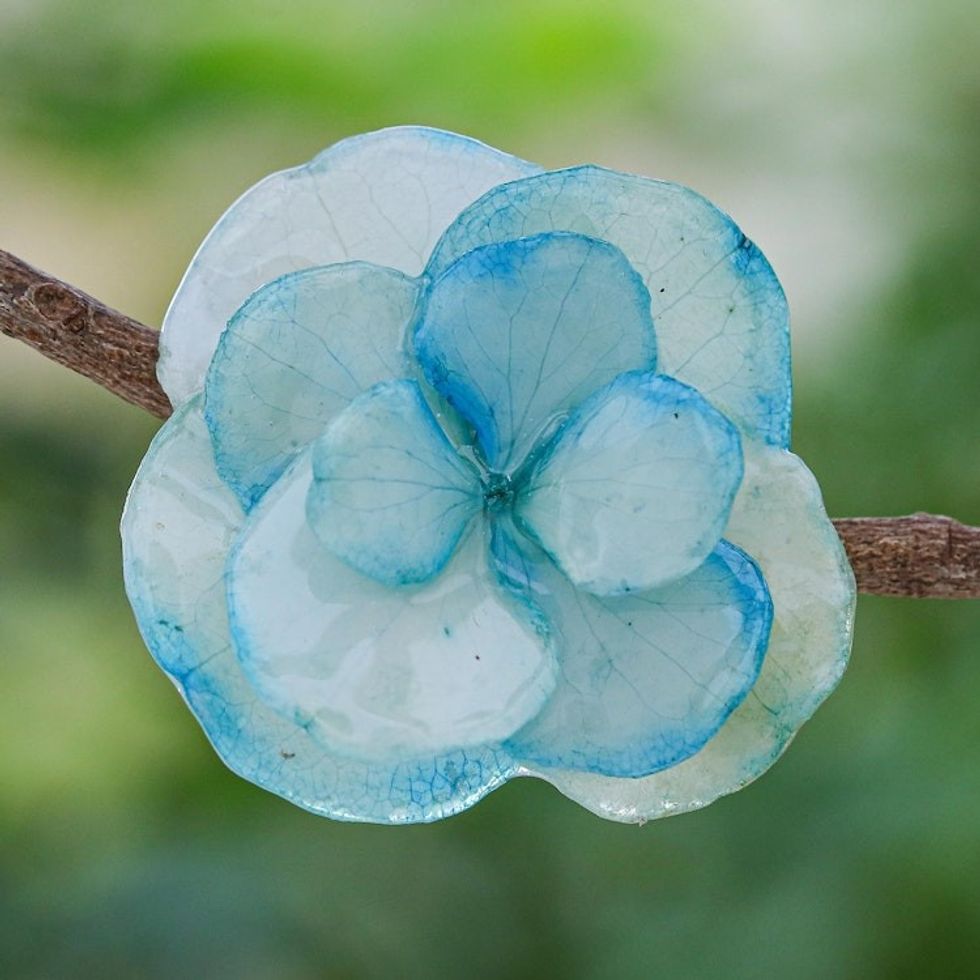 Thai Resin Coated Natural Blue Hydrangea Brooch Pin 'Pale Blue Hydrangea'