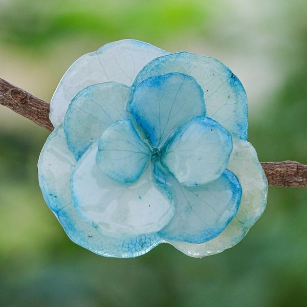 Alternate image for Thai Resin Coated Natural Blue Hydrangea Brooch Pin Pale Blue Hydrangea