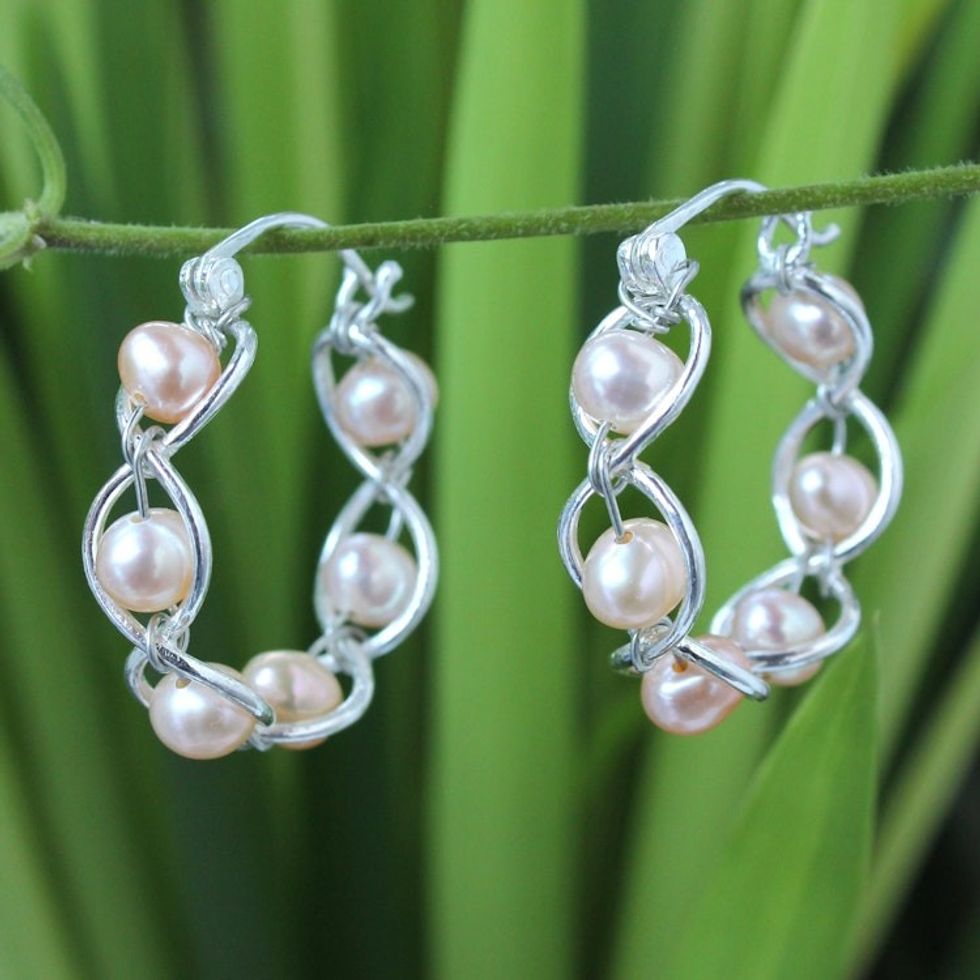 Sterling Silver and Pearl Hoop Earrings 'Peach Twist'