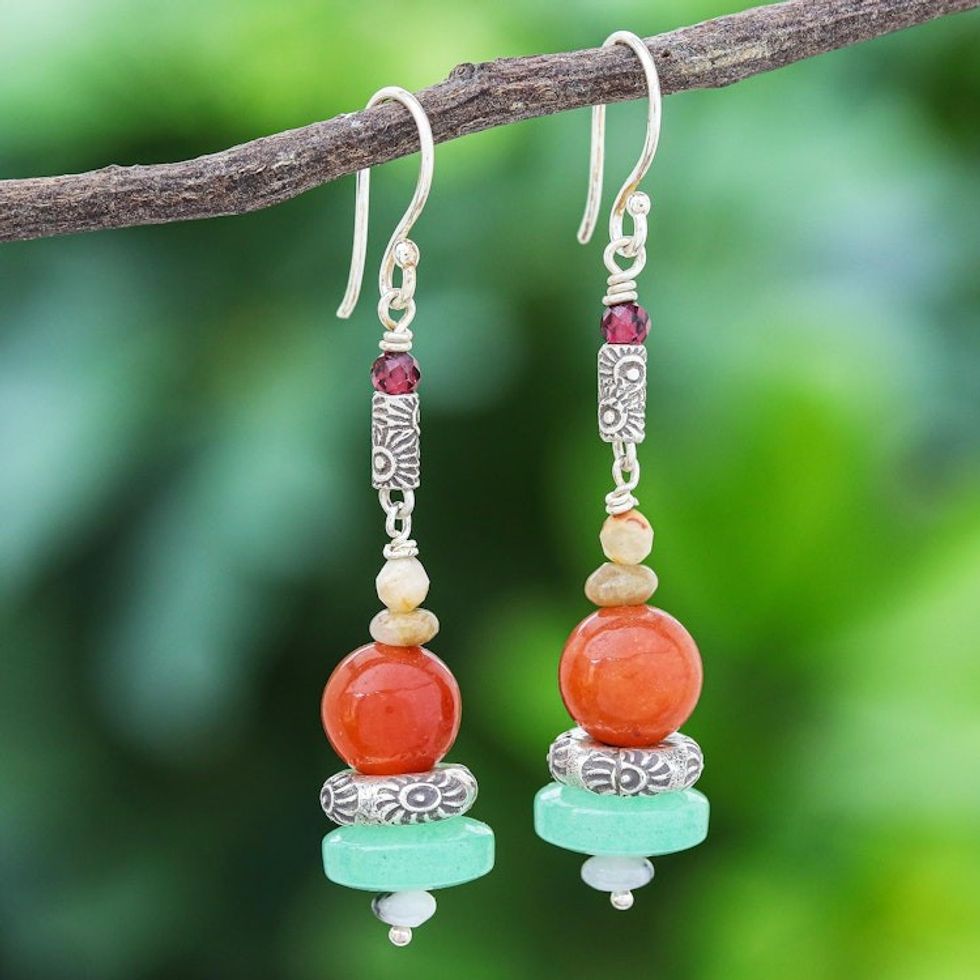 Handcrafted Aventurine and Garnet Dangle Earrings 'Speedy Orbit'