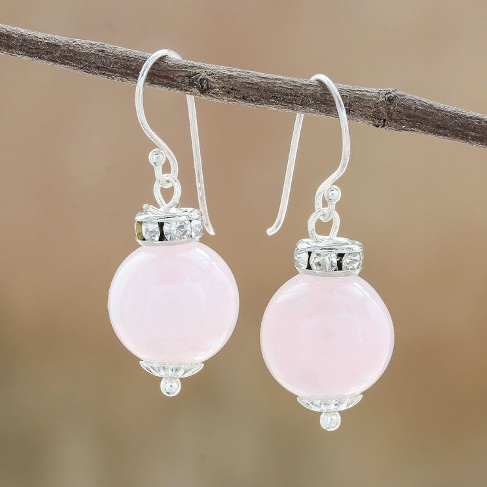 Rose Quartz and 925 Silver Dangle Earrings from Thailand 'Perfect Orbs'