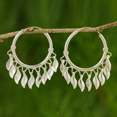 Alternate image for Handcrafted Sterling Silver Hoop Earrings Leaves in the Wind