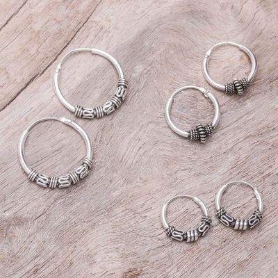 Primary image for Handcrafted Sterling Silver Hoop Earrings Set of 3 Thai Intricacy