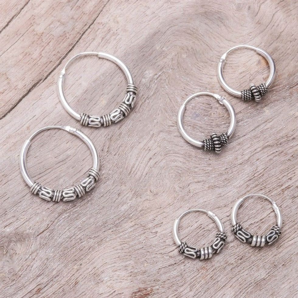 Handcrafted Sterling Silver Hoop Earrings Set of 3 'Thai Intricacy'