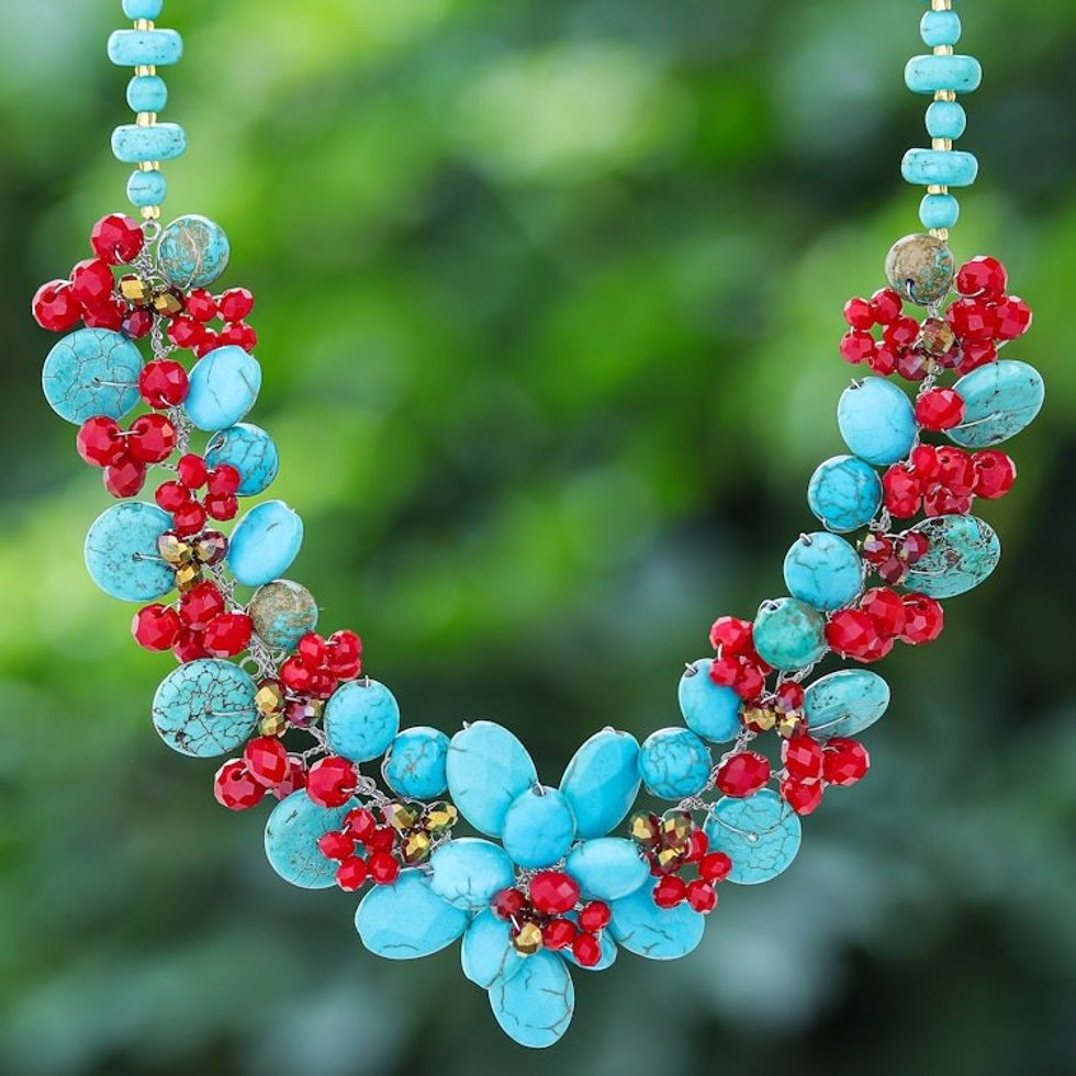 Floral Howlite and Glass Beaded Necklace from Thailand 'Summer Blossoming'