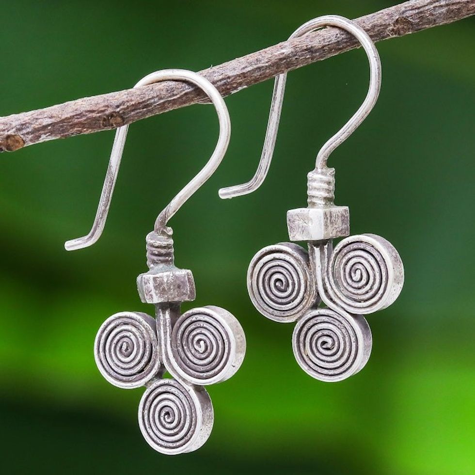 Oxidized 950 Silver Spiral Drop Earrings 'Kariang Curls'