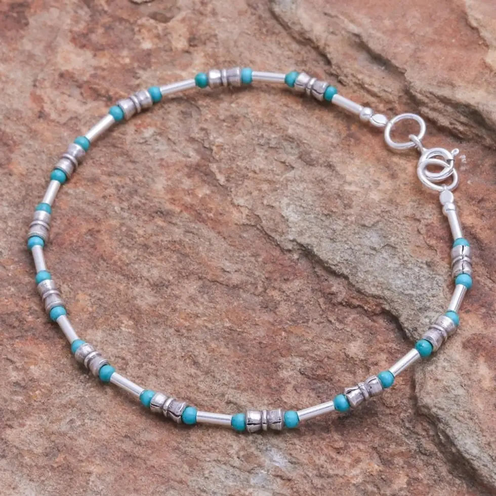 Sterling Silver and Karen Silver Beaded Bracelet 'Petite Jewel in Blue-Green'