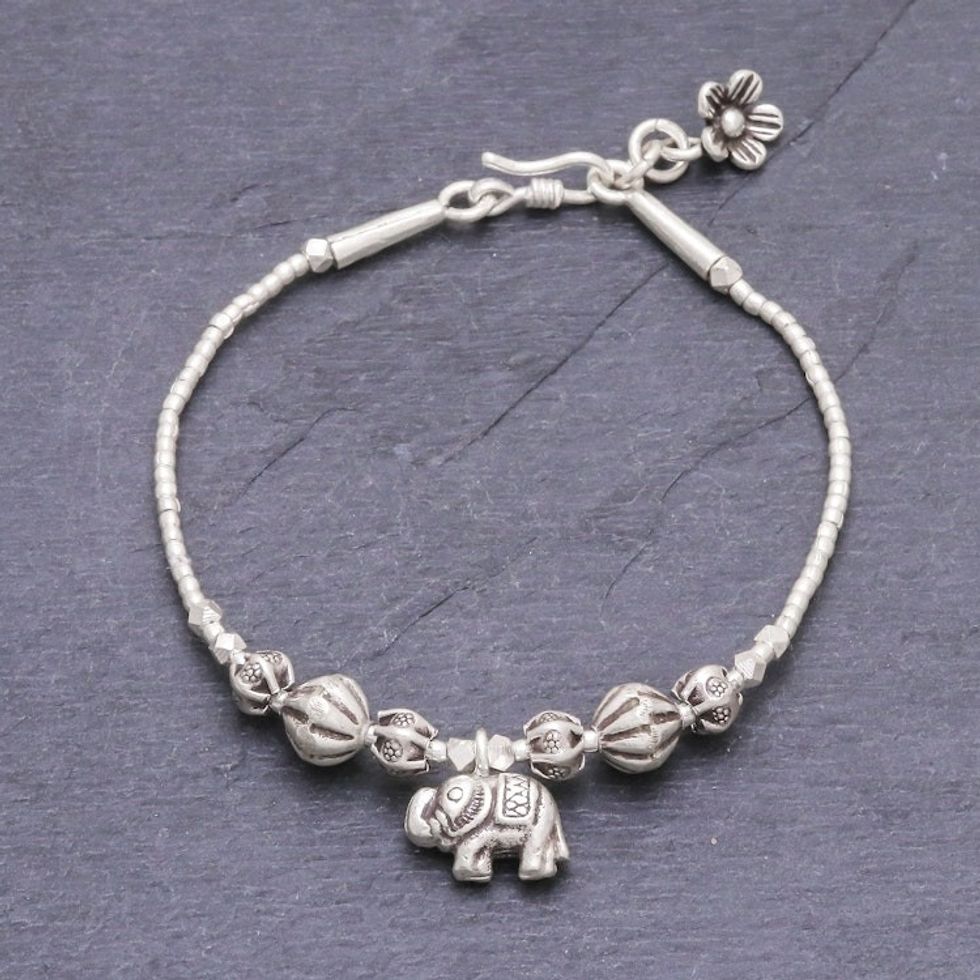 950 Silver Link Bracelet with Elephant Charm from Thailand 'Elephant Amulet'