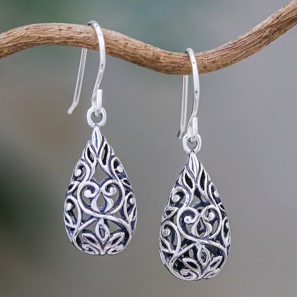 Unique Thai Sterling Silver Dangle Earrings 'Forest Tear'