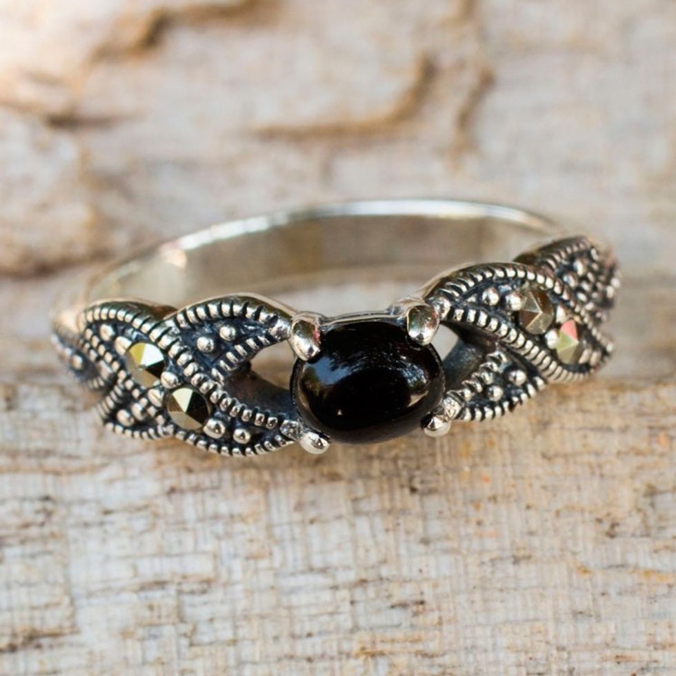 Thai Marcasite and Onyx Cocktail Ring 'Romance at Midnight'