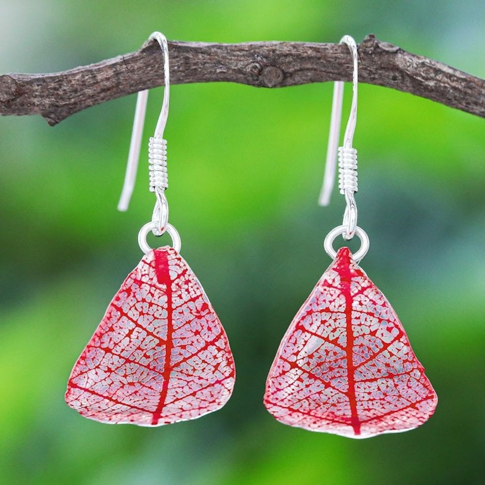 Sterling Silver and Red Rubber Tree Leaf Earrings 'Earthly Delight in Red'