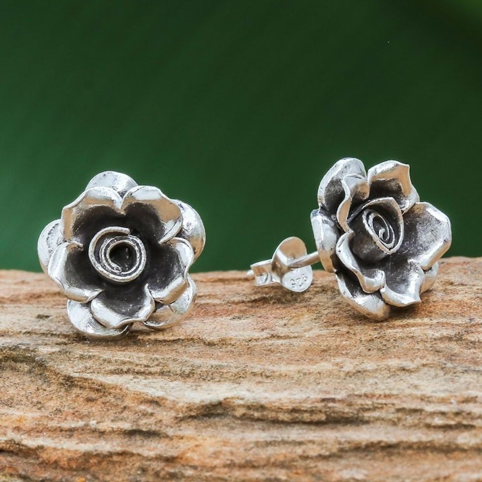 Thai Karen Hill Tribe Silver Flower Theme Button Earrings 'Hill Tribe Roses'