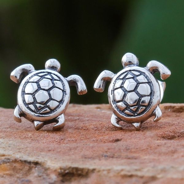 Alternate image for Thai Artisan Handcrafted Sterling Silver Turtle Earrings Tiny Turtles