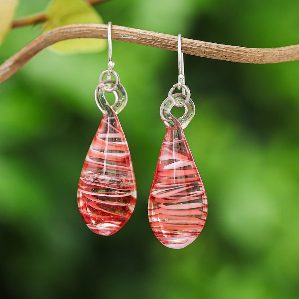 Handblown Glass Dangle Earrings with Red and White Spirals 'Dew Drop'