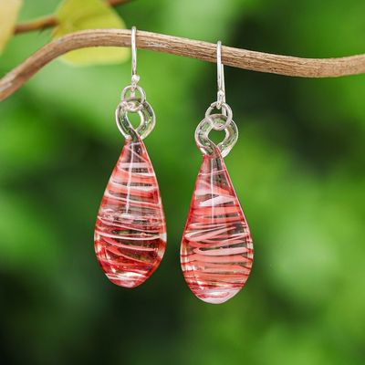 Alternate image for Handblown Glass Dangle Earrings with Red and White Spirals Dew Drop