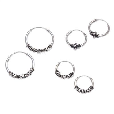 Alternate image for Handcrafted Sterling Silver Hoop Earrings Set of 3 Thai Intricacy
