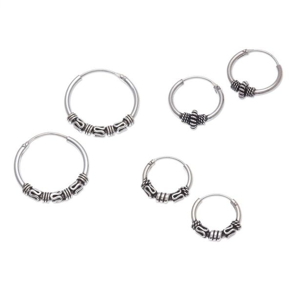 Alternate image for Handcrafted Sterling Silver Hoop Earrings Set of 3 Thai Intricacy