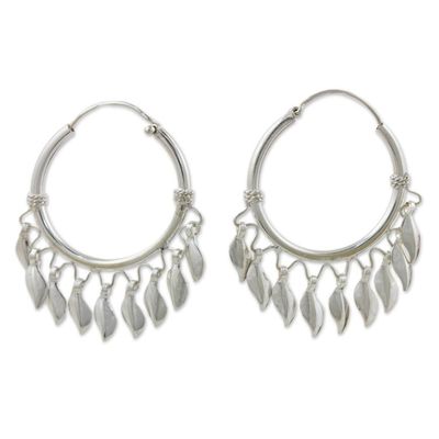 Alternate image for Handcrafted Sterling Silver Hoop Earrings Leaves in the Wind