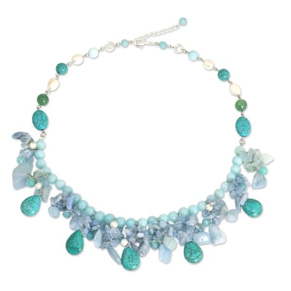 Alternate image for Artisan Crafted Pearl Aquamarine Blue Calcite Necklace Cool Beauty