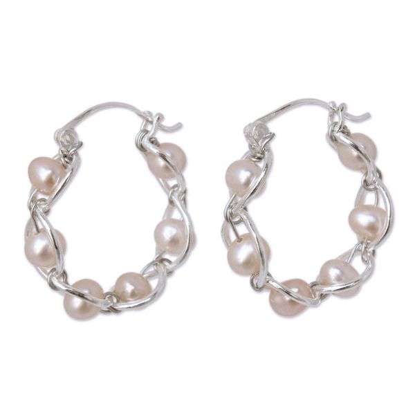 Alternate image for Sterling Silver and Pearl Hoop Earrings Peach Twist