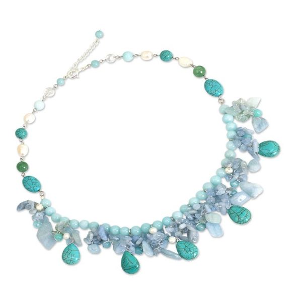 Alternate image for Artisan Crafted Pearl Aquamarine Blue Calcite Necklace Cool Beauty