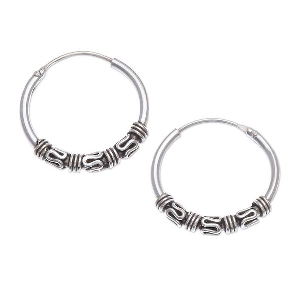 Alternate image for Handcrafted Sterling Silver Hoop Earrings Set of 3 Thai Intricacy