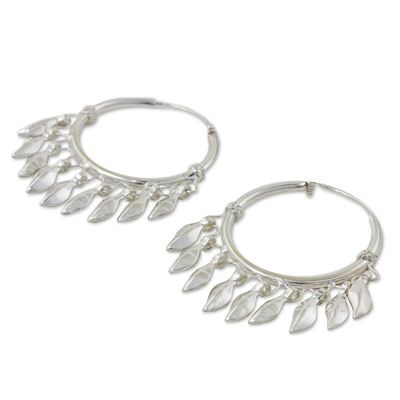 Alternate image for Handcrafted Sterling Silver Hoop Earrings Leaves in the Wind