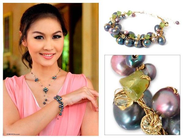 Alternate image for Hand Made Peridot and Pearl Bracelet from Thailand Mist Queen