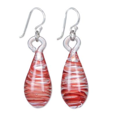 Alternate image for Handblown Glass Dangle Earrings with Red and White Spirals Dew Drop