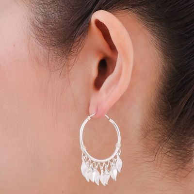 Alternate image for Handcrafted Sterling Silver Hoop Earrings Leaves in the Wind