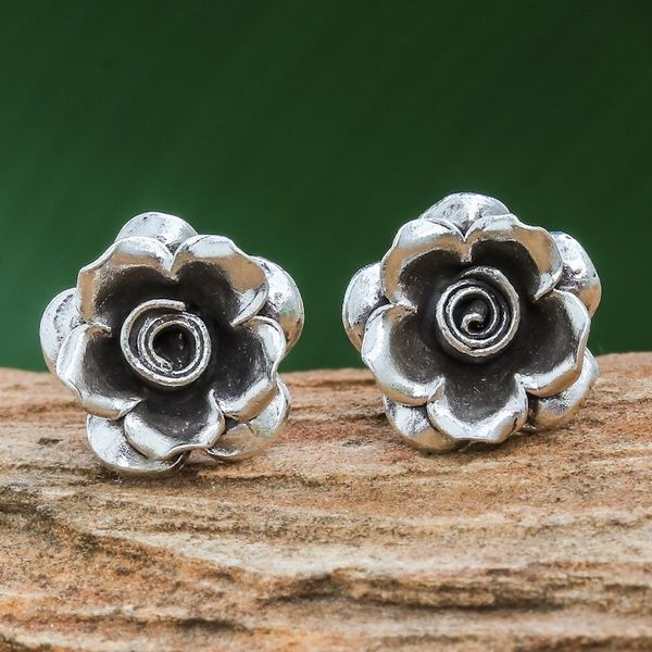 Alternate image for Thai Karen Hill Tribe Silver Flower Theme Button Earrings Hill Tribe Roses