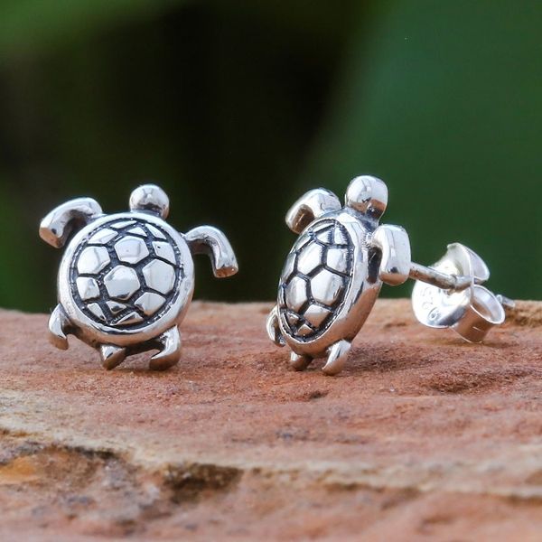 Alternate image for Thai Artisan Handcrafted Sterling Silver Turtle Earrings Tiny Turtles