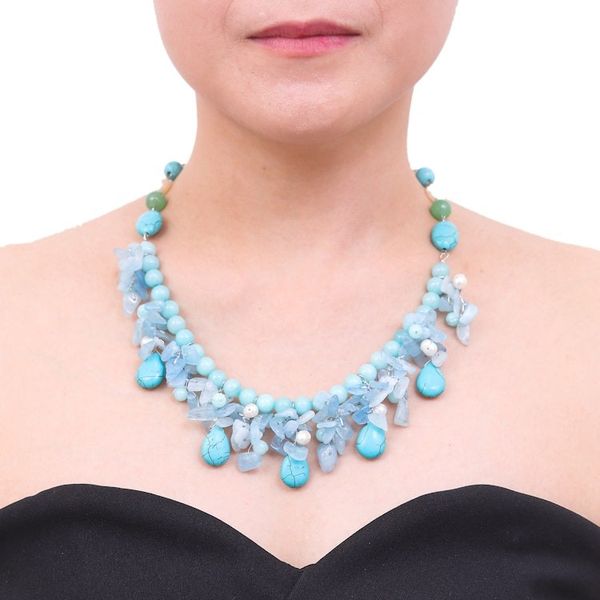 Alternate image for Artisan Crafted Pearl Aquamarine Blue Calcite Necklace Cool Beauty