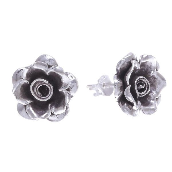 Alternate image for Thai Karen Hill Tribe Silver Flower Theme Button Earrings Hill Tribe Roses