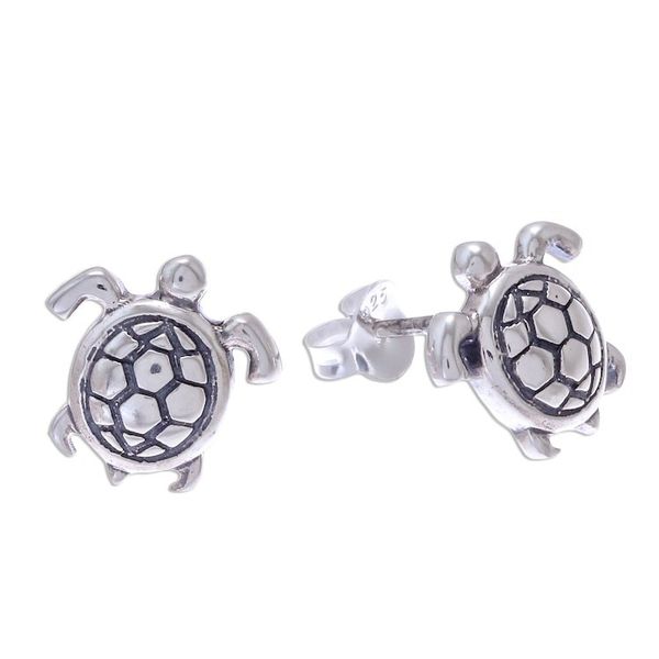 Alternate image for Thai Artisan Handcrafted Sterling Silver Turtle Earrings Tiny Turtles