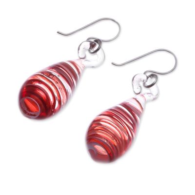 Alternate image for Handblown Glass Dangle Earrings with Red and White Spirals Dew Drop