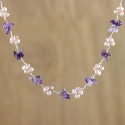 Alternate image for Artisan Crafted Amethyst and Pink Cultured Pearl Necklace Chiang Mai Spring