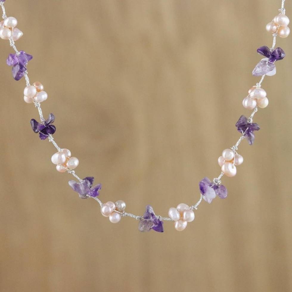 Artisan Crafted Amethyst and Pink Cultured Pearl Necklace 'Chiang Mai Spring'