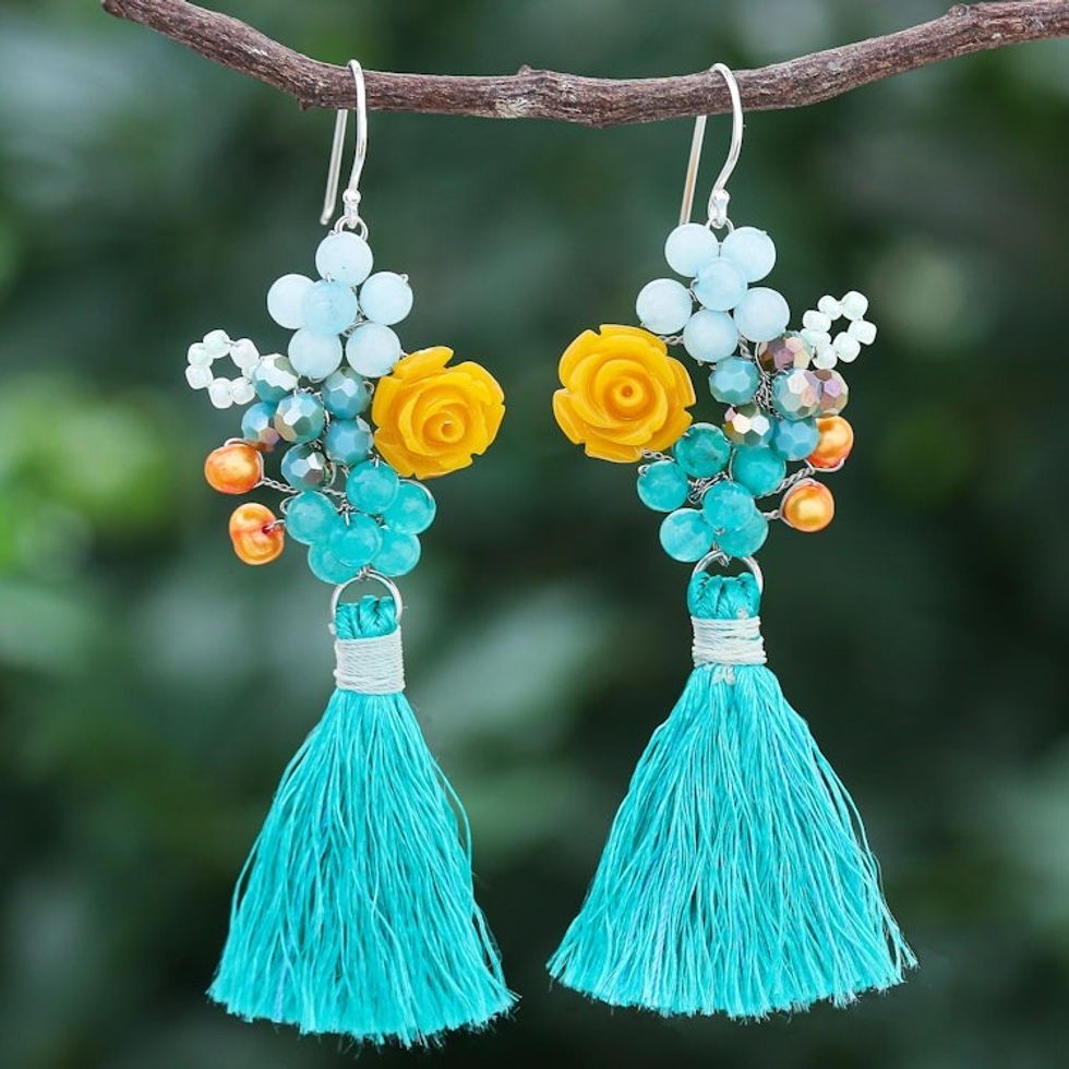 Quartz and Cultured Freshwater Pearl Dangle Earrings 'Candy Bouquet in Turquoise'