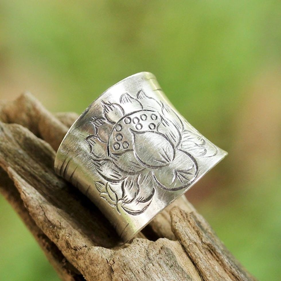 Sterling Silver Etched Lotus Wrap Ring from Thailand 'Lanna Lotus'