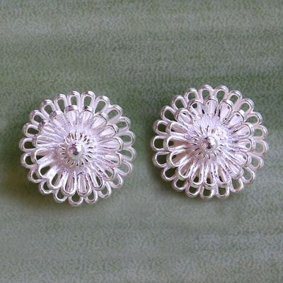 Alternate image for Hand Made Sterling Silver Stud Earrings Floral Thailand Zinnia Flowers