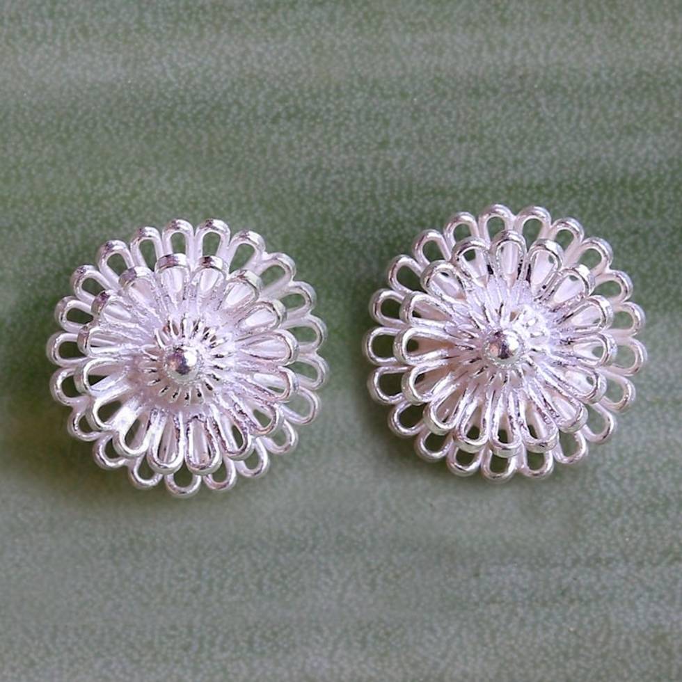Hand Made Sterling Silver Stud Earrings Floral Thailand 'Zinnia Flowers'