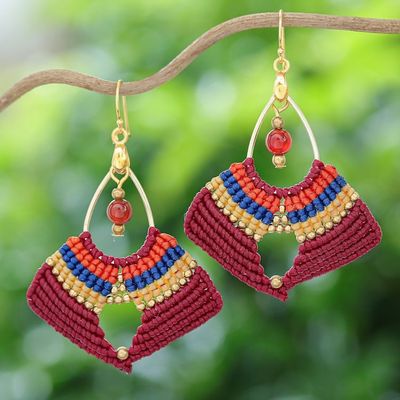 Alternate image for Handcrafted Carnelian Macrame Dangle Earrings in Red Red Flight