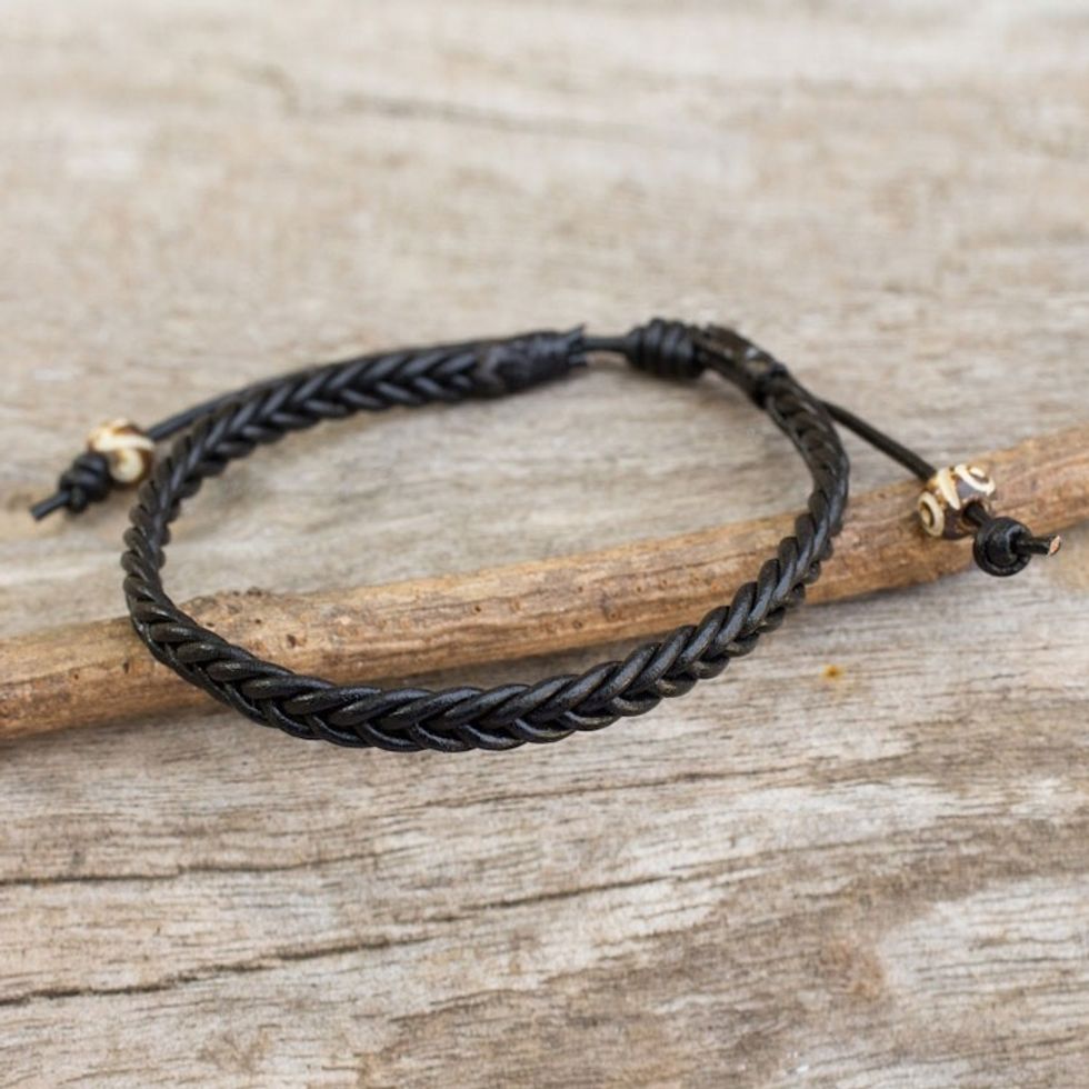 Braided Black Leather Mens Bracelet 'Single Black Braid'