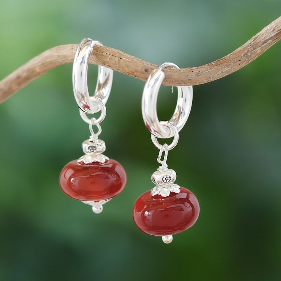 Polished Sterling Silver and Carnelian Hoop Dangle Earrings 'Pure Fire'