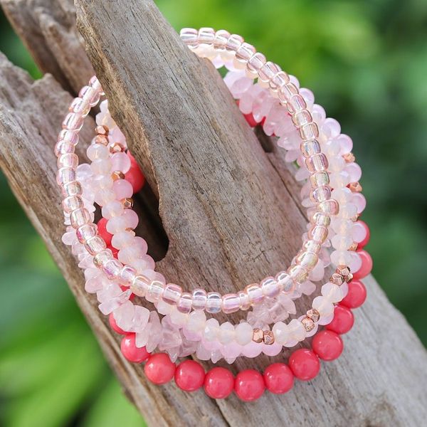 Alternate image for Set of 5 Pink Beaded Stretch Bracelets from Thailand Fancy Dream in Pink