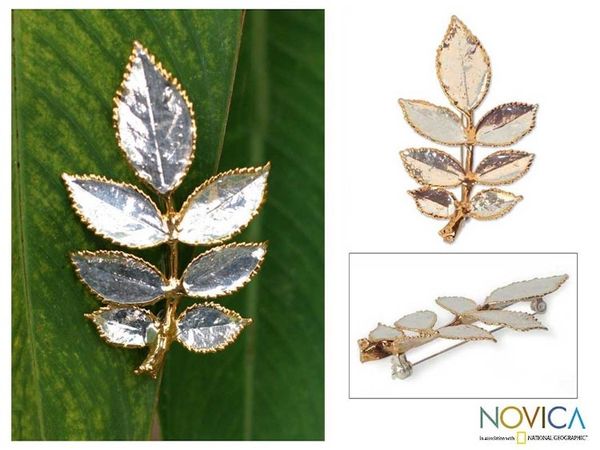 Alternate image for Natural rose leaves brooch pin Silver Leaf