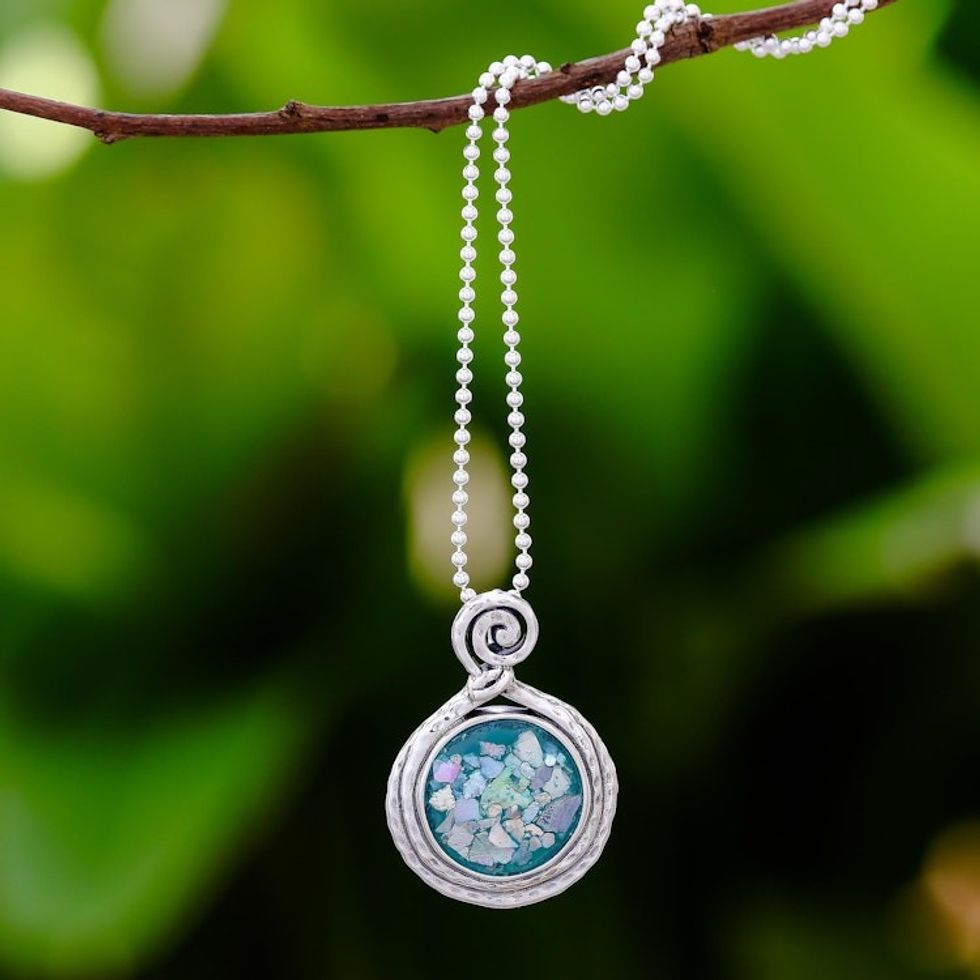 Artisan Crafted Roman Glass Pendant Necklace from Thailand 'Glittering Moon'