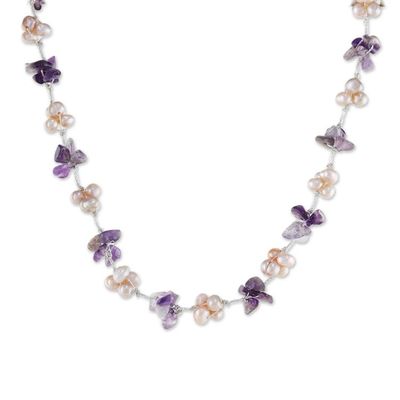 Alternate image for Artisan Crafted Amethyst and Pink Cultured Pearl Necklace Chiang Mai Spring