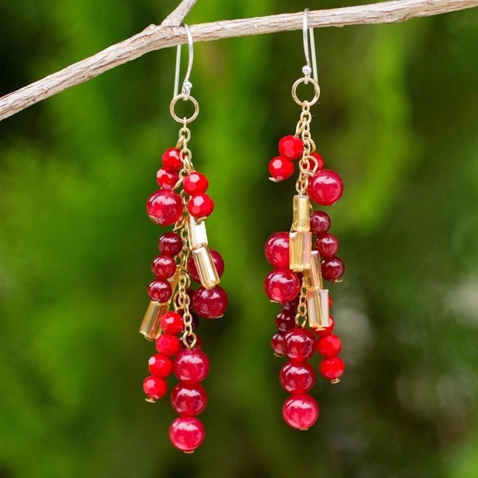 Beaded Red Quartz Earrings on 24k Gold Plated Chains 'Brilliant Cascade'